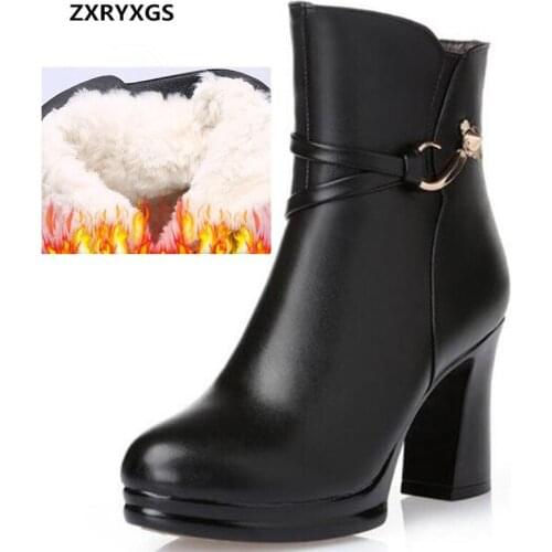 2021 New Fashion Autumn Winter Real Leather Boots Women Boots Inside Cloth Plush Wool Warm Snow Boots High Heels Martin Boots
