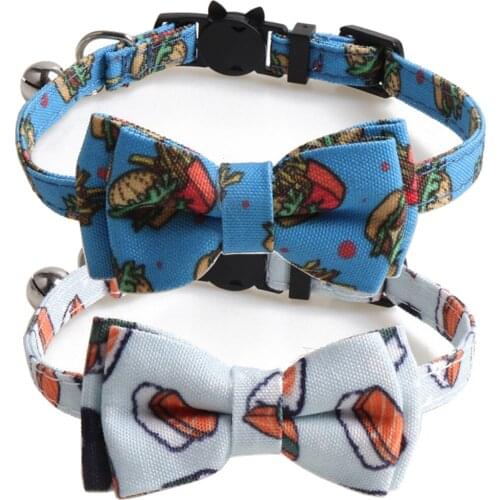 Bowtie Cat Collar Breakaway with Bell Hamburger&French fries Patterns Adjustable Safety Buckle Kitten Collars for Kitty Pets