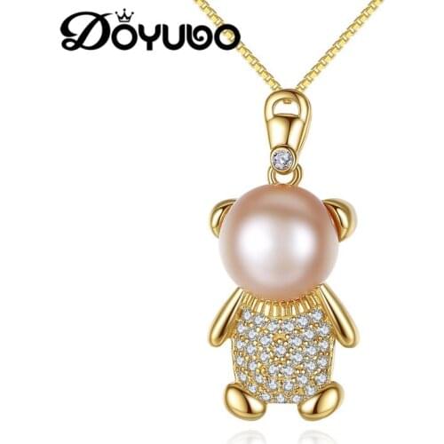 DOYUBO Lovely Womens Sterling Silver Cubic Zirconia Bear Pendant Necklaces Gold Color Semiround Freshwater Pearl Jewelry VA248