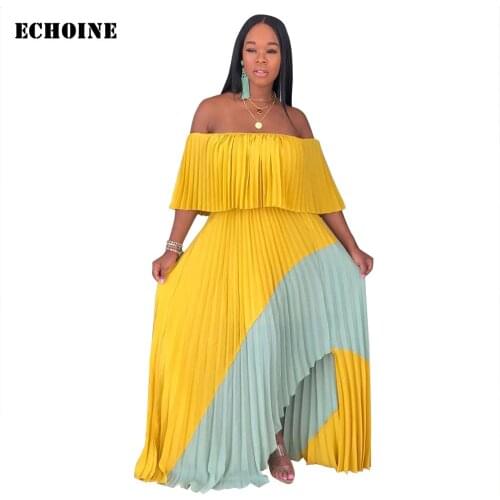 Sexy Off-shoulder Pleated Maxi Dress Sexy Bohomian Long Dresses Women Summer Beach Print Chiffon Big Hem Elegant Split Vestidos