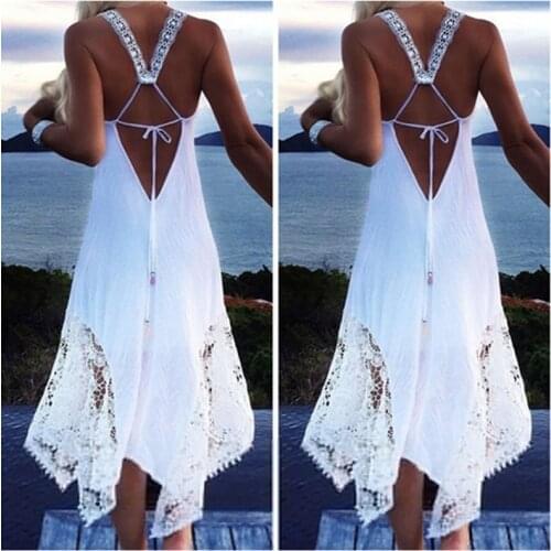 Bigsweety Women Lace Patchwork Sleeveless Backless Dress Summer Sexy Strapless Lace-Up Beach Dress Beachwear Women Lace Vestidos