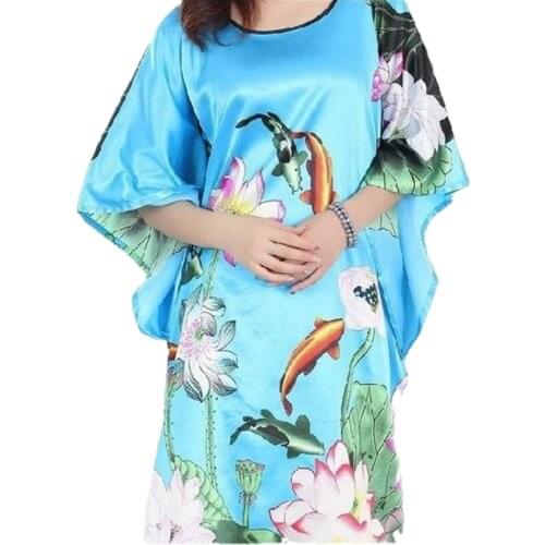 New Arrival Light Blue Female Faux Silk Nightwear Stylish Fashion Lounge Dress Soft Home Wear Flower Kimono Gown One Size