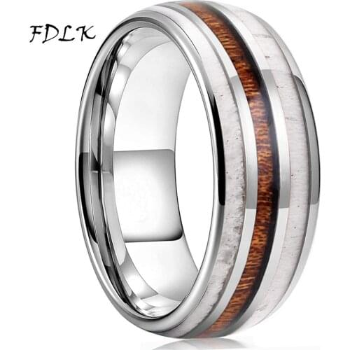 Simple 8mm Mens Silver Color Stainless Steel Ring Koa Wood Deer Antler Inlay Dome Engagement Ring Mens Wedding Band Jewelry