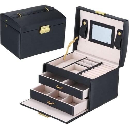 Portable Jewelry Box, Girls Jewelry Organizer, Mini Travel Case, Mirror, Watch Organizer, Lockable, Black