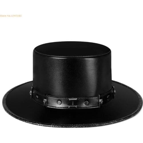 B0KC Steampunk Plague Doctor Hat PU Leather Black Flat Top Hat for Halloween Cosplay