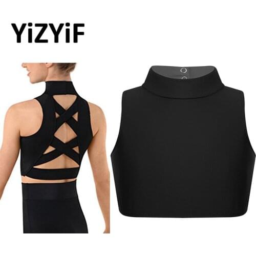 Girls Tanks Ballet Dance Crop Top gymnastics clothes Dance Costume Kids Sleeveless Mock Neck Criss Cross Back Tanks Bra Tops