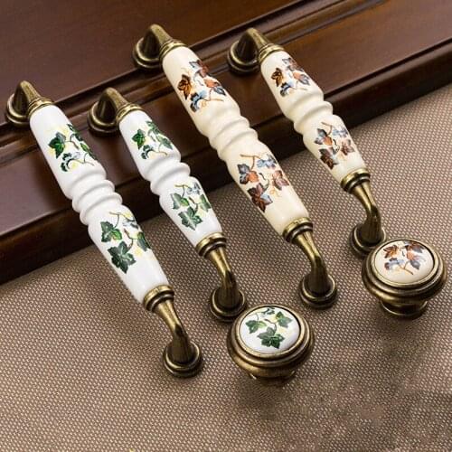 Vintage Rural Kitchen Ceramic Drawer Cupboard Door Handles and Pulls Green/Red Leaves Dresser Knobs Furniture Handle Hardare