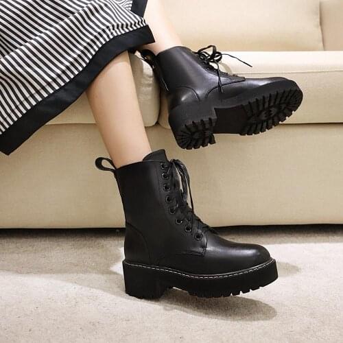 Osunlina Womans Martin Boots Platform Round Toe Square Heels Lace-Up Zipper Black Stone Pattern Autumn Handmade Shoes A120