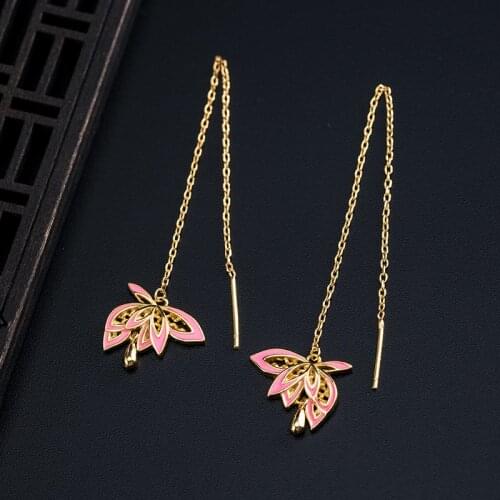 VLA 925 Silver Retro Court Pink Lotus Earrings Womens Aesthetic Temperament Long Ear Line Tassel Flower Jewelry