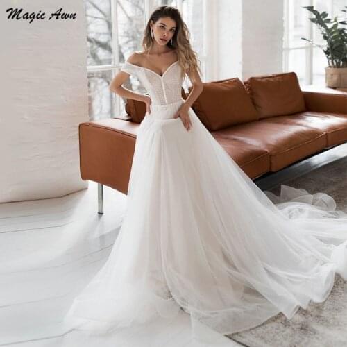 Magic Awn Vintage Tulle Wedding Dresses Off The Shoulder Shiny Princess Elegant Bridal Gowns A-Line Boho Vestidos Branco 2021