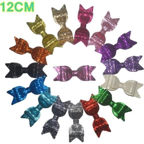 20pcs/lot, 12*4CM glitter Faux PU Leather Bow Little Girl Bowknot Garment Accessories 16 Color U Pick