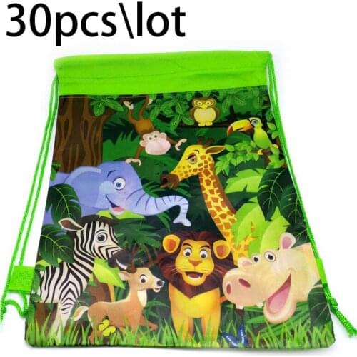30pcs/lot Jungle Animal Theme Fabrics Drawstring Gift Bag Baby Shower Decorate Soccer Backpack Birthday Party Non-woven