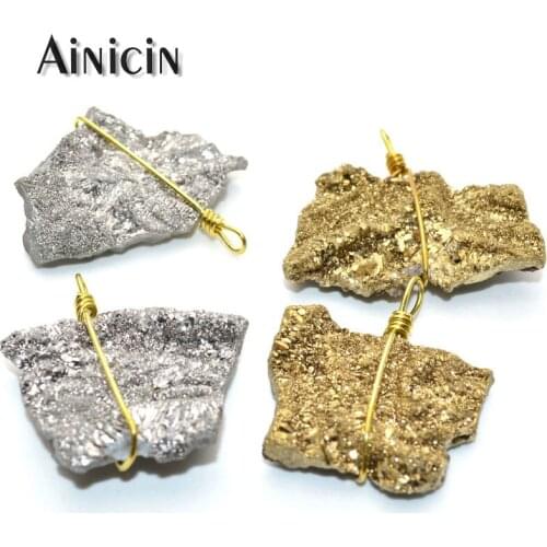 5pcs Natural Sun Drusy Crystal Stone Gold Silver Plating Wire Wrapped Pendants DIY Jewelry Making Findings
