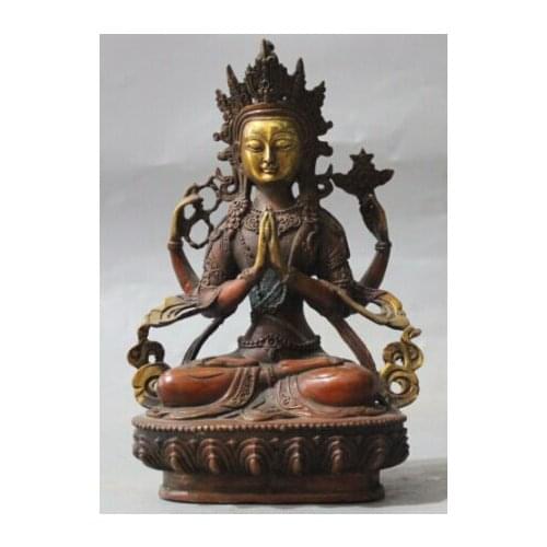 8" Chinese Tibet Bronze Gilt 4 Hands 4 Arms Kwan-yin Bodhisattva Buddha Statue s0143