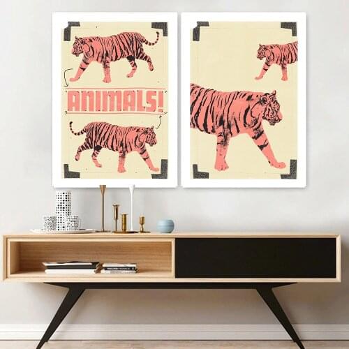 Pale Yellow Background Two Tigers Canvas Painting Wall Art Animal Posters and Prints Modular Pictures for Living Room Decoration