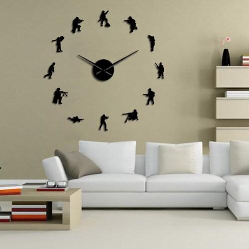 Soldiers Military Wall Stickers DIY Large Mute Wall Clock Veteran Army Home Decor Frameless Silent Watch Independence Day Gift
