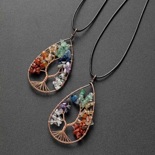 Handmade Wire Wrapped Natural Chip Stone Life Of Tree Pendant Necklace 24Inch Black Leather Cord Chain 7 Chakra Healing Crystals