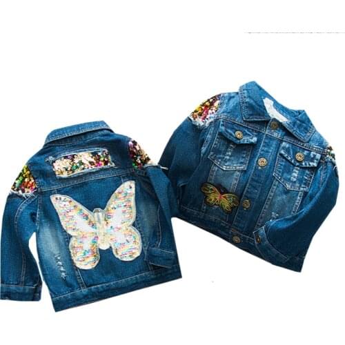 New Baby Girls Denim Jacket Cardigan Coat Kids Jean Outwear Butterfly Embroidery Sequins Girls Children Clothing Spring Clothes