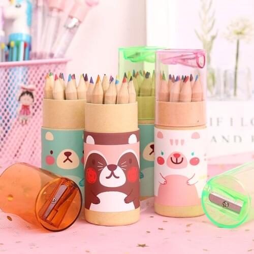Little Bear Boy Girl Creative Cartoon Stationery School Supplies 12 Color Barrel Color Lead with Pencil Sharpener