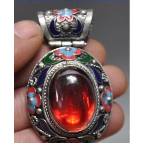 Chinese ancient Tibet silver pendant cloisonne inlaid gems/1