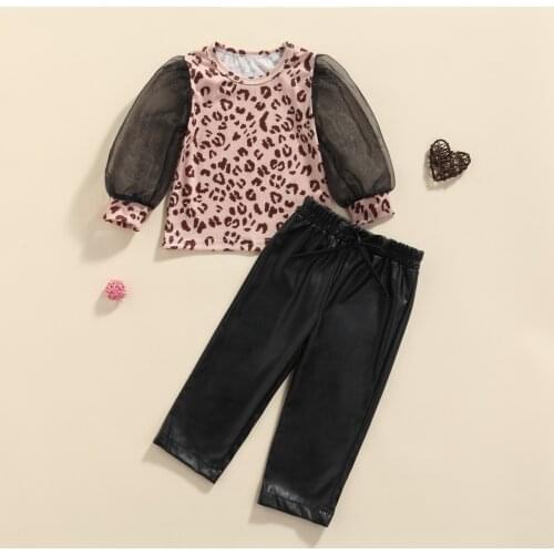 Ma&Baby 6m-5Y Toddler Kid Girls Clothes Set Mesh Puff Sleeve Leopard Tops+ Pu Leather Pants Outfits Autumn Spring Clothes DD40