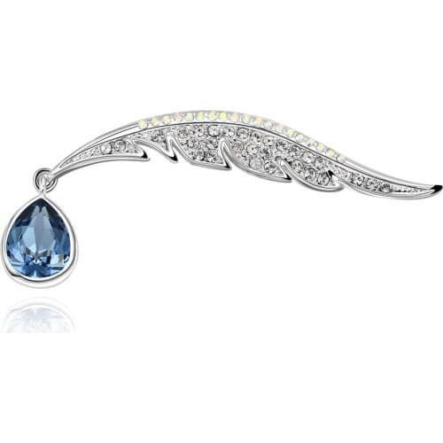 Korean Creative Fashion Feather Brooch Water Drop Shape Shiny Blue Crystals Corsage For Women Party Clothes Decoration Jewelry