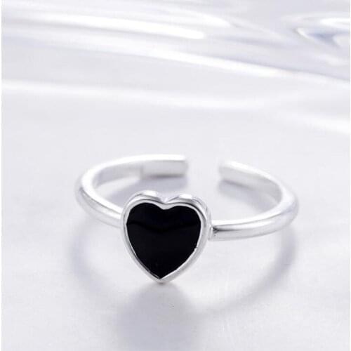 Beautiful Exquisite Fashion New Arrival 925 Sterling Silver Jewelry Popular Heart Shaped Love Black Epoxy Opening Rings SR150