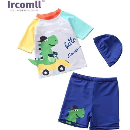 Ircomll Swimsuit 2021 Kids Boys Swimsuit Dinosaur Sun-Proof Swimwear Top +Swimming Trunks Boys With Swimming Cap Bathing Suit