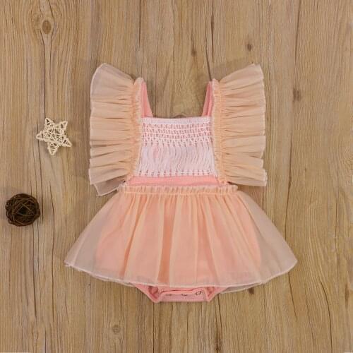 Summer Toddler Baby Bodysuit Splicing Square Neck Ruffle-Sleeve Backless Romper Skirt with Tassels Playsuit 0-24 Months