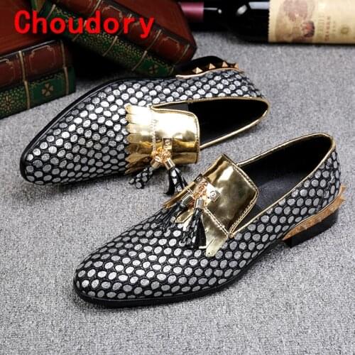 Choudory sapatos masculino mens dress shoes braided leather black spiked loafers velvet gold tassel slipon italian mens shoes