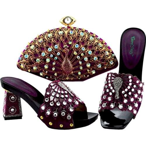 Nigerian Fashion Italian Design Newest Colorful Crystal Mixing Metal Style Women Shoes and Bag Set in Purple Color for Party