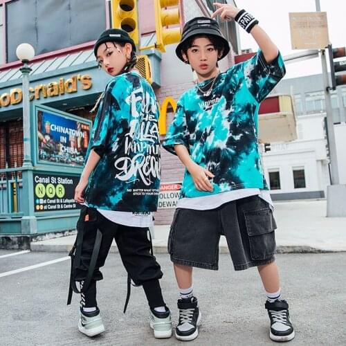 2021 New Hip Hop Performance Clothes For Kids Tie-Dyed Blue Sweatshirt Trend Girls Jazz Dance Outfit Stage Show Costume DNV14780