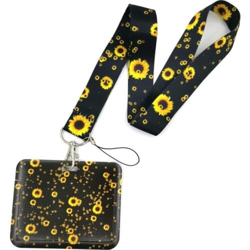 Sunflowers Flowers Black Lanyard Credit Card ID Holder Bags Student Women Travel Card Cover Badge Car Keychain Decorations