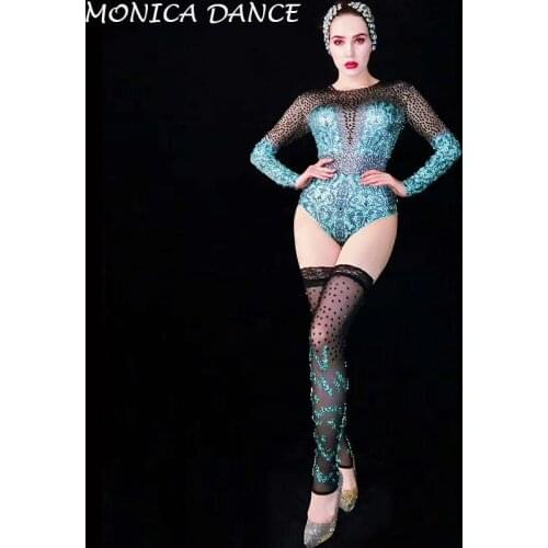 Sexy Blue Black Rhinestones Printed Bodysuit Mesh Leggings Bar Dance Singer Evening Stage Wear Prom Birthday Celebrate Outfit