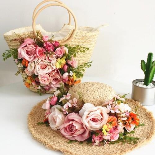 Summer Lady raffia Handmade flowers Straw Hats Women Beach Sun Hats+ Handbags Girls Holiday Knitting Weave Tote bag Panama