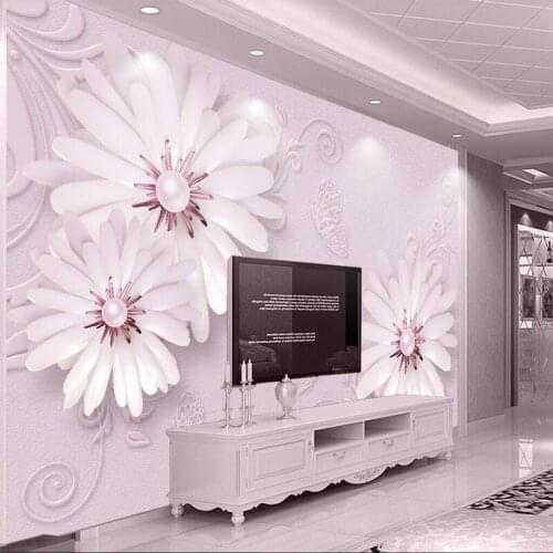 Light pink jewelry flower 3D European relief TV background wall professional production of large-scale background wallpaper mura