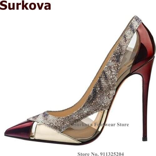 Surkova Sexy Snakeskin Patchwork Cut-out Dress Pumps 12cm Thin High High Pointed Toe Clear PVC Banquet Shoes Size45 10cm 8cm