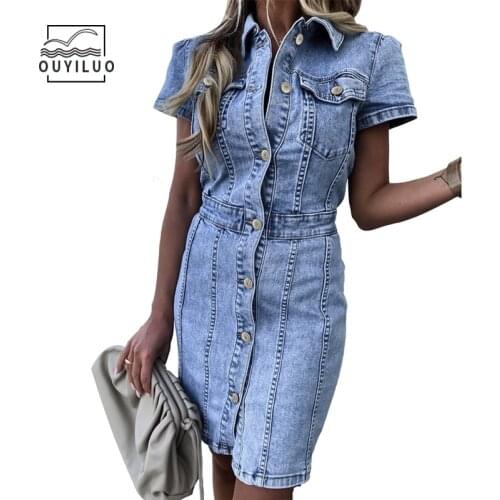 Streetwear Solid Color Casual Denim Short-Sleeved Fashion Slim Dress Джинсовое приталенное платье с короткими рукавами