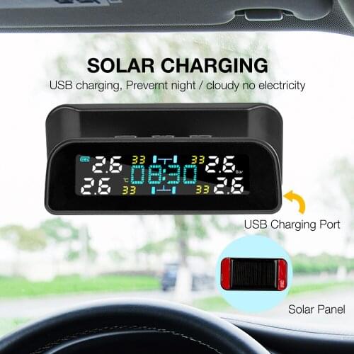 Universal TPMS Wireless Tire Pressure Monitoring System Solar Power Clock LCD Display 4 External Sensor Tire Pressure Sensors