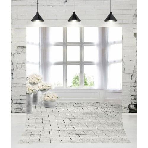 VinylBDS Indoor Window Flowers Decoration Photography Backdrops Brick Floor Photo Studio Background for Wedding Props