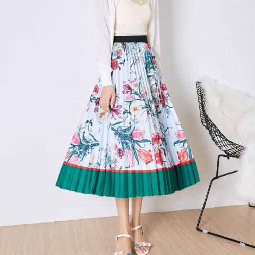 Elegant High Waist Printed Skirt Women Summer Floral Mid Skirt Women Summer Pleated Long Skirts Womens