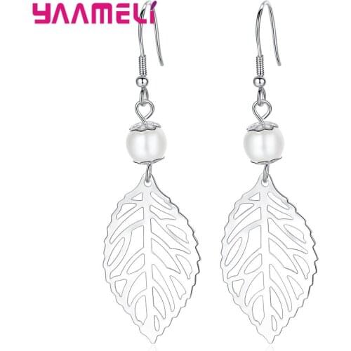 Simple Temperament Plant Statement 925 Sterling Silver Pearl Hollow Leaves Drop Earring For Women Delicate Jewelry Mujer Brincos