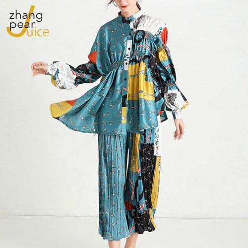 Elegant Women Casual Flower Print Outfit Two Pieces Set Full Sleeve O-neck Loose Tunic Blouse +Wide Leg Pant Lady Sets