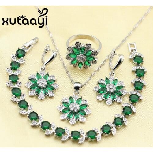Green Imitated Emerald Necklace Pendant Bracelets Earrings Rings Classy Silver Color Jewelry Sets For Women Christmas Gift