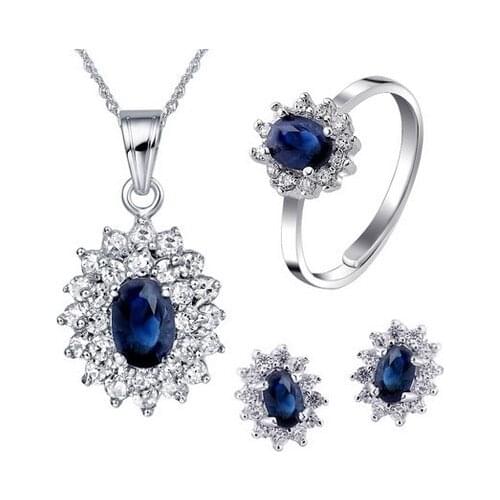 Natural blue sapphire stone wedding jewelry sets natural gemstone ring earrings necklace S925 silver Fashion elegant for Women