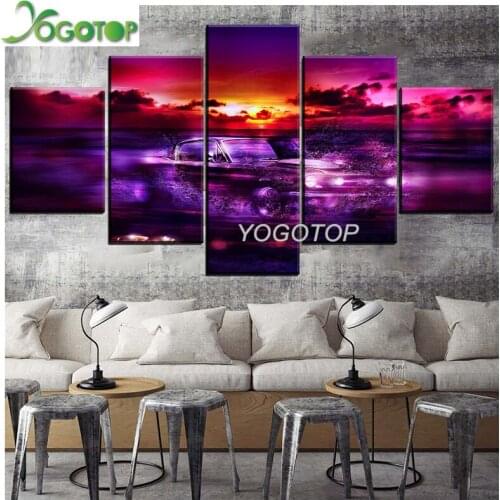 Diamond embroidery 5 piece 5 d diy diamond painting Beautiful purple sunset car full square round diamond mosaic wall art,ML1399