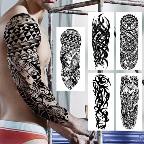 Black Tribal Totem Large Full Arm Tattoo Sticker For Men Adults Indian Turtle Skeleton Temporary Tattoos Sleeve Body Art Tatoos