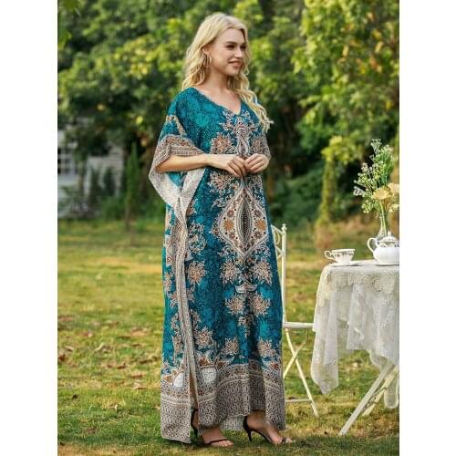 Dubai Arab Muslim Women Printed Long Skirt Clothing Abaya Muslim Prom Dress Middle East Loose Robe Seaside Holiday Dress