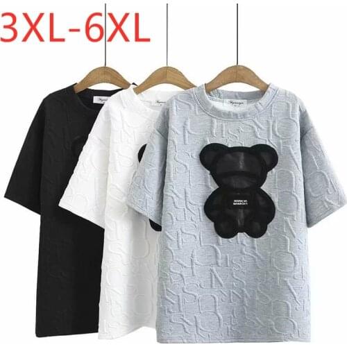 New Ladies Spring Autumn Plus Size Tops For Women Large Short Sleeve Loose Cotton Bear Gray White Long T-shirt 3XL 4XL 5XL 6XL