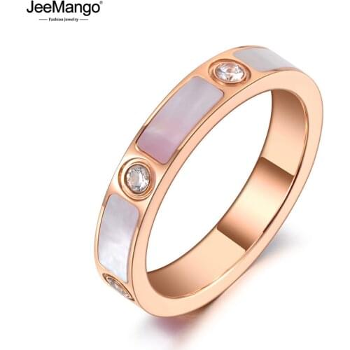 JeeMango Original Design Titanium Stainless Steel Wedding Rings For Women Rose Gold Shell CZ Crystal Party Ring Jewelry JR20013